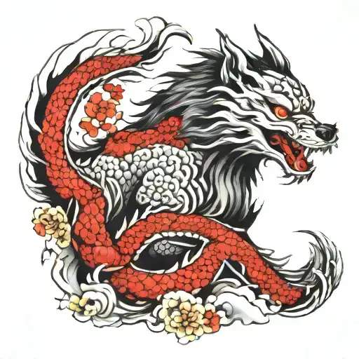 Wolf and Dragon emerging tattoo design idea