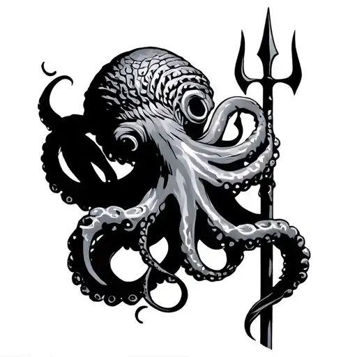 Poseidon with Black Art trident with octopus tentacles tattoo design idea