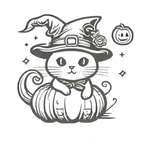 kawaii cat wearing a witch hat aitting inside a pumpkin tattoo design idea