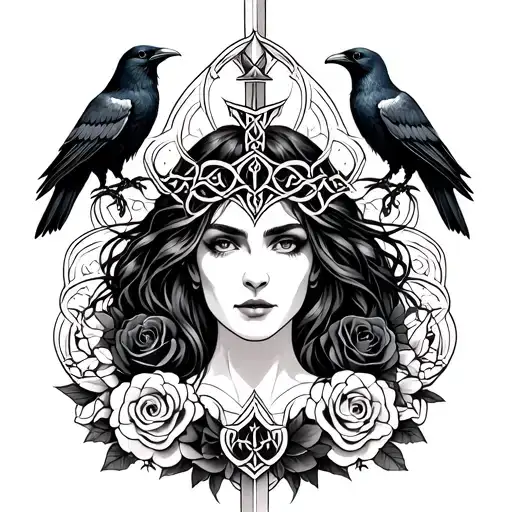 Celtic Goddess, Morrigan. Surrounded by ravens, black roses and swords tattoo design idea