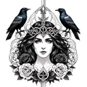 Celtic Goddess, Morrigan. Surrounded by ravens, black roses and swords tattoo design idea