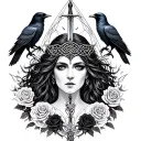 Celtic Goddess, Morrigan. Surrounded by ravens, black roses and swords tattoo design idea