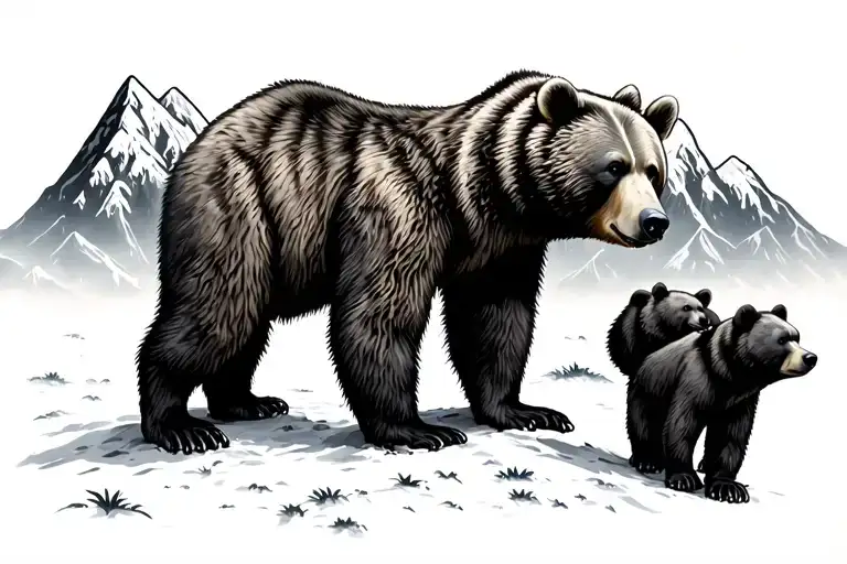 bear 3 cubs  mountains tattoo design idea