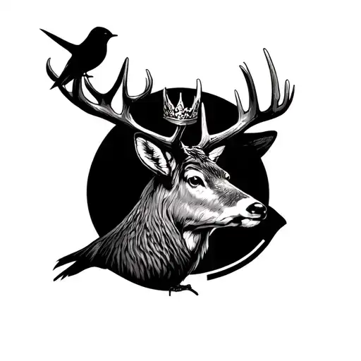 Stag with crowned antlers*** **Medium-sized, detailed songbird** perched on top* Sized and styled for your **right upp tattoo design idea