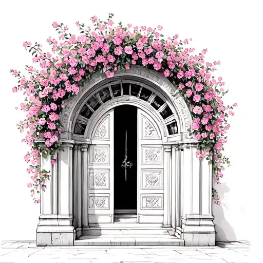 Big majestic door arch not on the wall and with no door with small pink flowers all over it inspired by even in arcadia  tattoo design idea