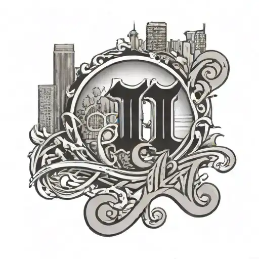 D in old English font surrounded by detroit city skyline in the background tattoo design idea