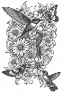 daisies and sweet pea flowers with hummingbird butterfly bee dragonfly  tattoo design idea