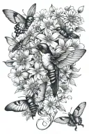 daisies and sweet pea flowers with hummingbird butterfly bee dragonfly  tattoo design idea