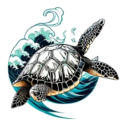 sea turtle with steam punk and Japanese wave realistic tattoo design idea