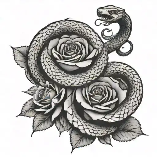 two snakes intertwined, they will be pierced by a dagger and blood in the form of roses tattoo design idea