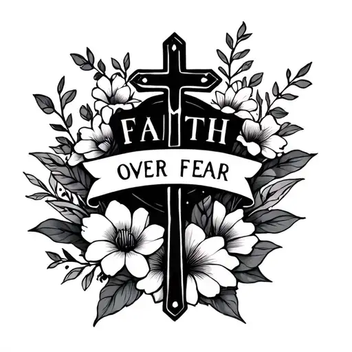 Dainty tattoo that says faith over fear with a cross and flowers tattoo design idea