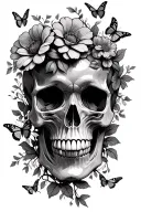 skull with flowers and vines and butterflies all around it tattoo design idea