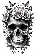 skull with flowers and vines and butterflies all around it tattoo design idea