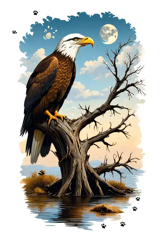 african fish eagle perched on a dead tree in a river bed with wild dog paw prints in the ground and a crescent moon  tattoo design idea