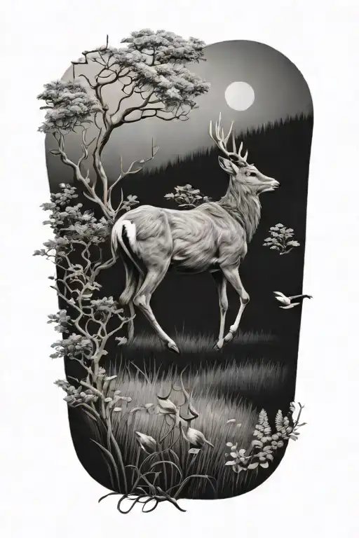 realistic red  deer birds tattoo design idea