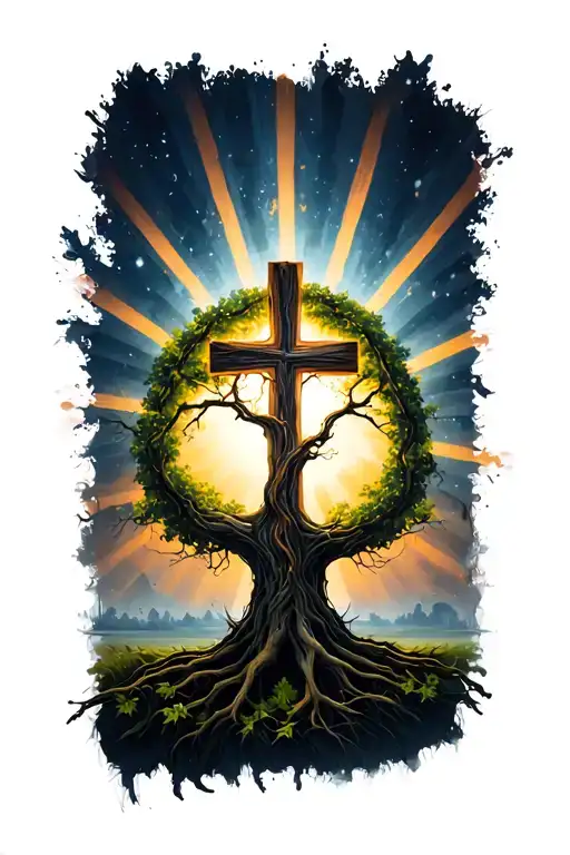poison tree with a cross intertwined and sun rays shining tattoo design idea