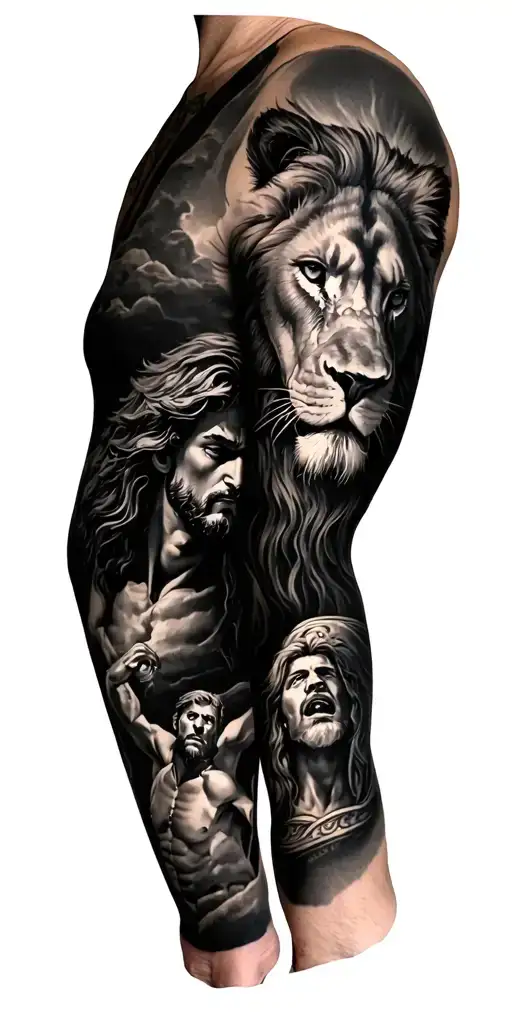 Full arm sleeve, black ink, Christian tattoo with these stories. David and Goliath, Daniel in the lions den, Michael sla tattoo design idea