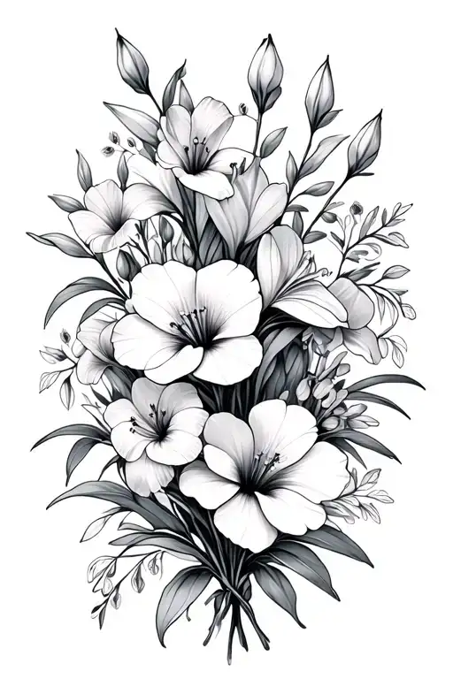 jonquil, primrose, gladiolus, snowdrop, and cosmo delicate flower bouquet tattoo design idea