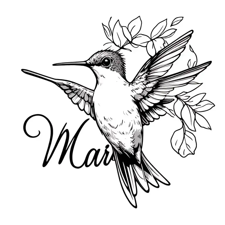 realistic small kind of fat hummingbird with "Marie" written in small dainty script along the lower left tattoo design idea