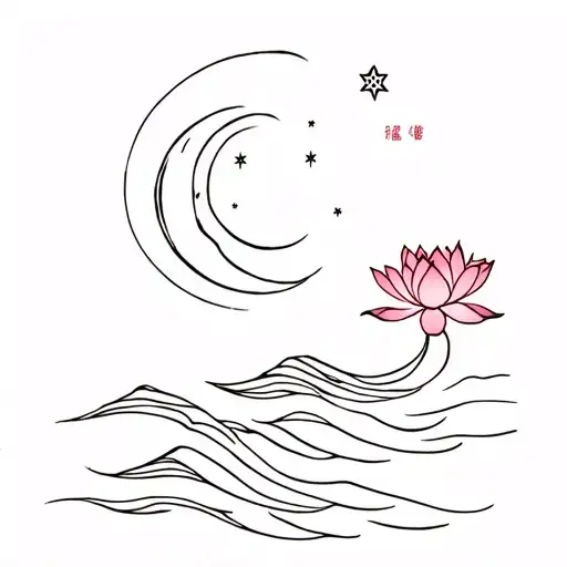 Lotus flower, Tiny mountain + wave line, Crescent moon with stars with my Chinese 莊丽絲 tattoo design idea