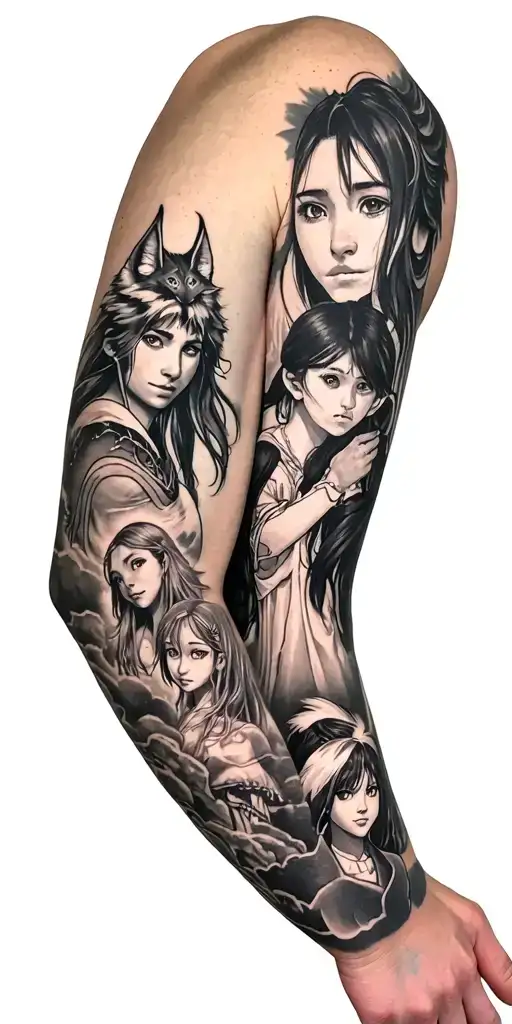 full arm sleeve featuring studio ghibli characters from princess mononoke, howls moving castle, and spirited away tattoo design idea