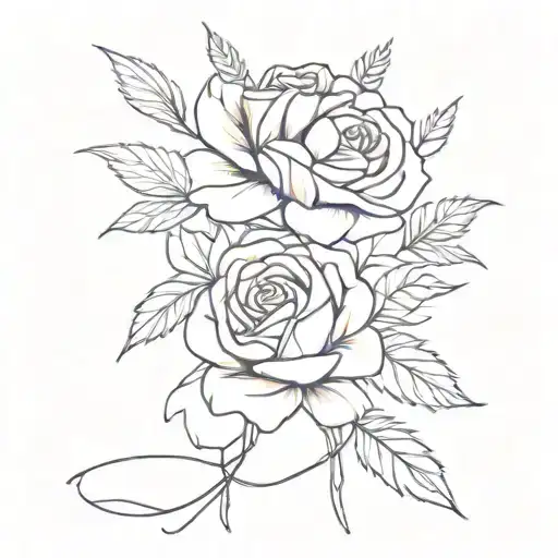 2 roses, one marigold and one violet flower bouquet tied by ribbon with long stems tattoo design idea