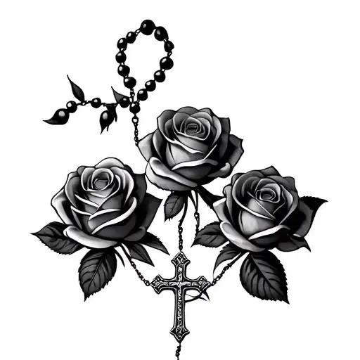 3 roses in a row with a rosary with a cross wrapped around the roses tattoo design idea