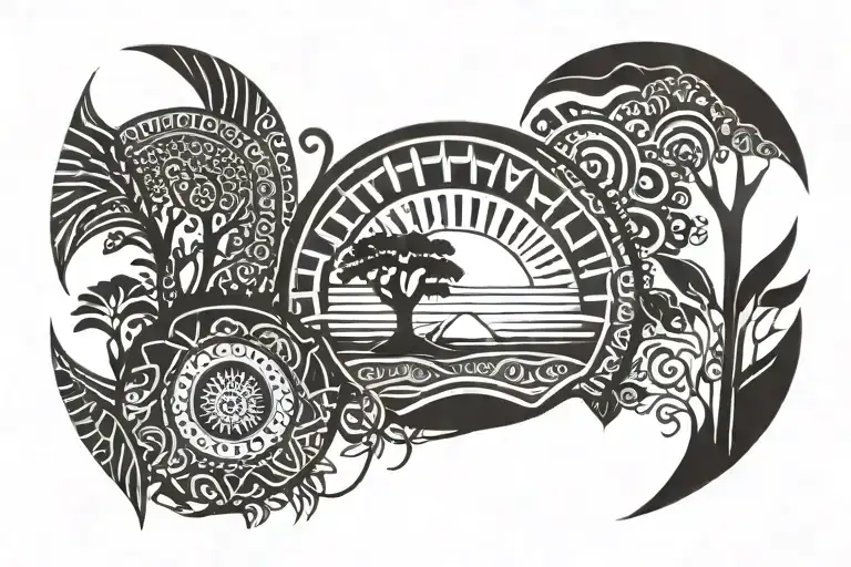 african tribal sunrise integrated tattoo design idea