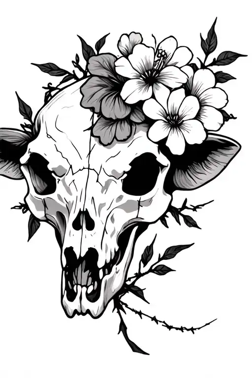half Cow skull half flowers with barbed wire black ink tattoo design idea