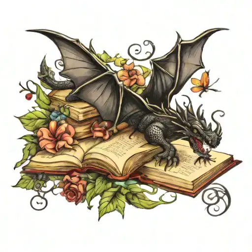 old books winged  black dragon, wind and stars,  word's, light & butterflies, flowers and leafy vines curling outward tattoo design idea