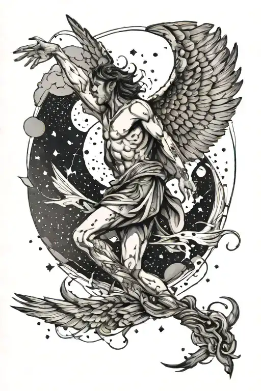 icarus falling from the sky filled with constellations tattoo design idea