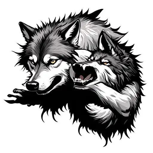 two wolves fighting for control tattoo design idea