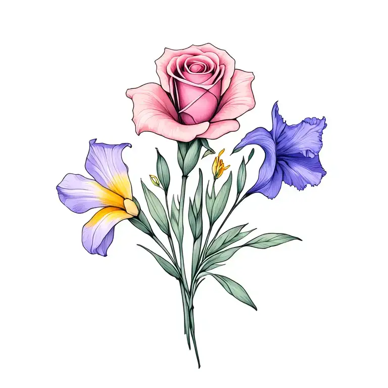 dainty bouquet of a single gladiolus, a single rose, a single daffodil, and sweet pea colors like purples pinks blues tattoo design idea