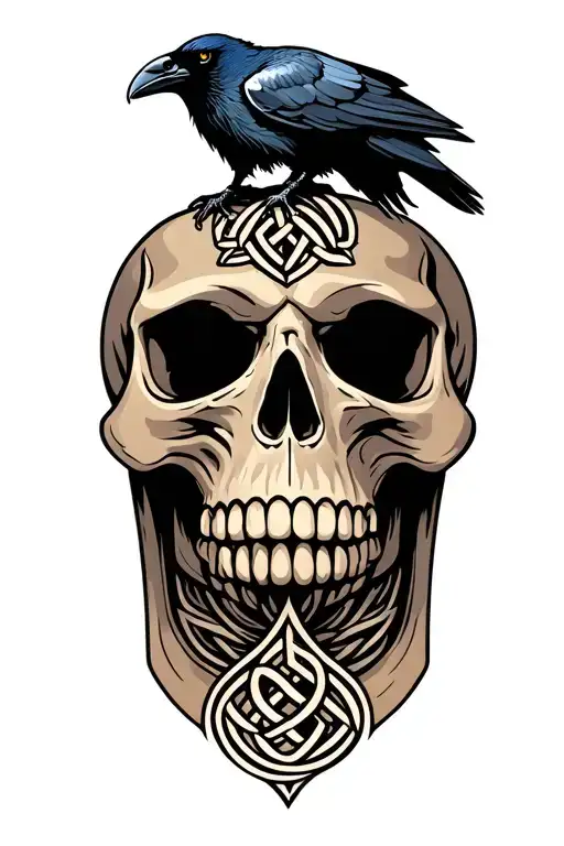 skull with raven on top, norse runes, celtic knots tattoo design idea