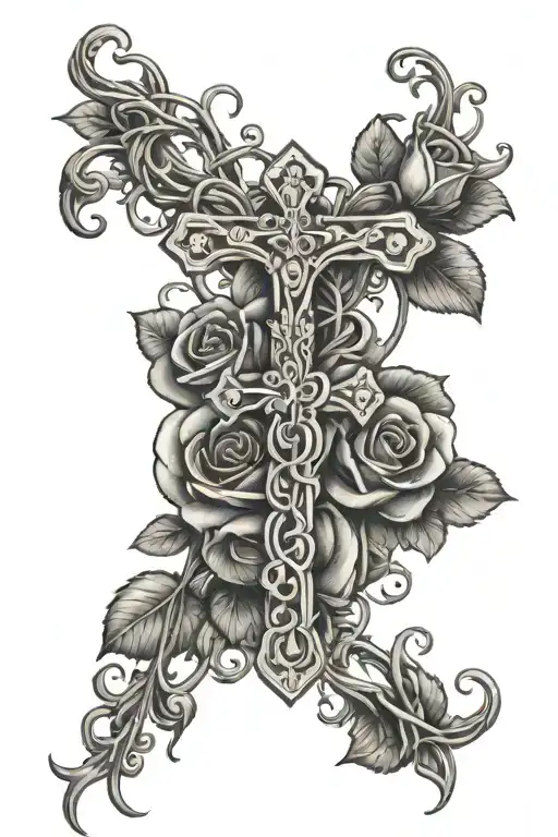 skinny cross with vine intertwined and heart in the middle and a rose coming out of vine tattoo design idea