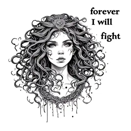 "forever I will fight" Medusa girl with messy thoughts who is having a hard time and has lost the will to live but sees the sun and the light tattoo design idea