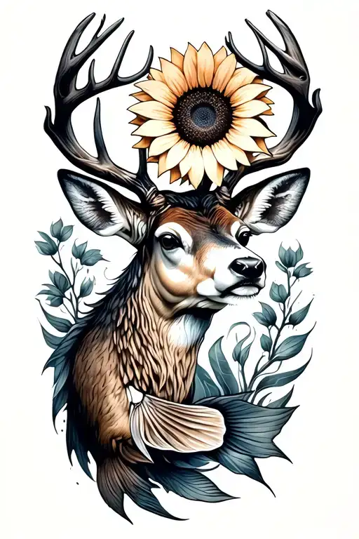 fish and deer and sunflower tattoo design idea