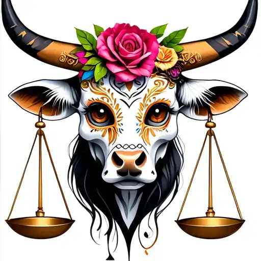 feminine bull with sugar skull markings, brown eyes and two Libra scales and dark background tattoo design idea