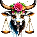 feminine bull with sugar skull markings, brown eyes and two Libra scales and dark background tattoo design idea