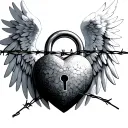 "The essential is invisible" between the white angel wings a padlock surrounded by the wire barbed wire with a heart tattoo design idea
