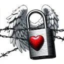 "The essential is invisible" between the white angel wings a padlock surrounded by the wire barbed wire with a heart tattoo design idea