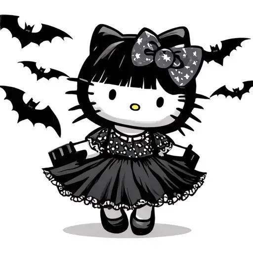 hello kitty wenesday addams dancing with bats flying tattoo design idea