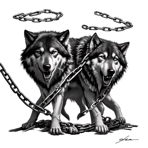 three wolves breaking chain realistic tattoo design idea