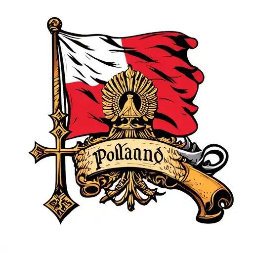 the symbol of fighting Poland, behind it the Polish flag and next to it a cross tattoo design idea