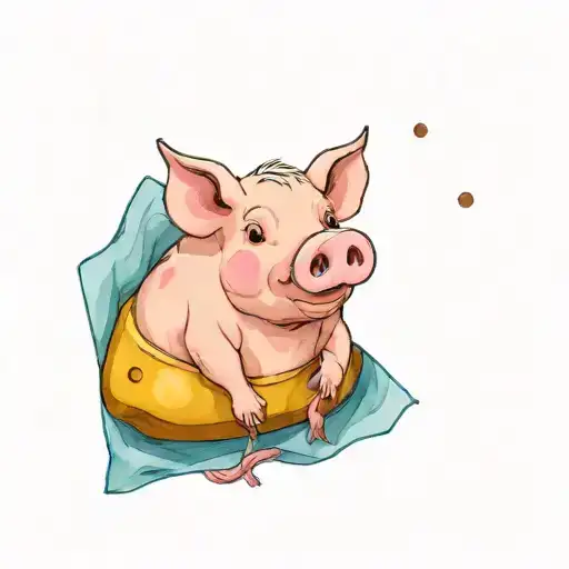 cartoon pig sitting on the side of a flying Cornhole bag  tattoo design idea