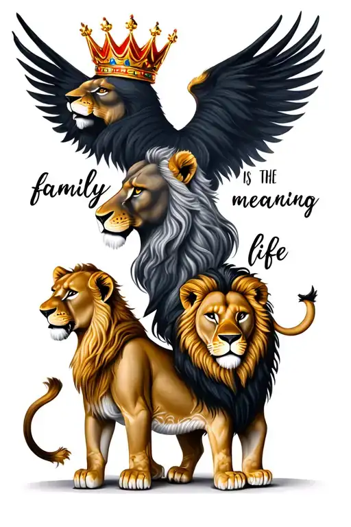 king lion and queen lion with crown and a lion cub with the text "family is the meaning of life" tattoo design idea