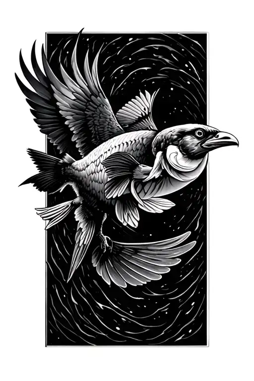 flying fish combined with raven flying tattoo design idea