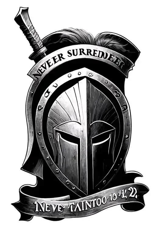 style a tattoo based on a spartan with a shield and incorpate the words "never surrender" and the dates 12/12/23 and 1/2 tattoo design idea