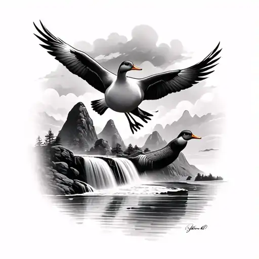 moutians waterfall and ducks flying tattoo design idea