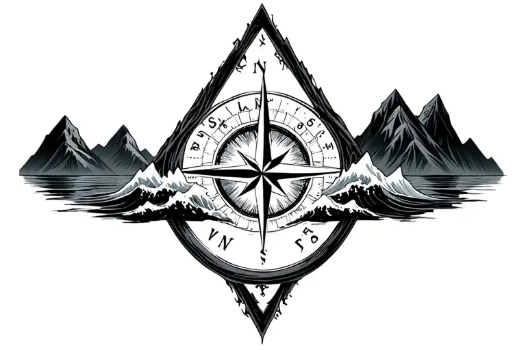 large compass surrounded by intricate geometric mountains and crashing waves, black and white, triangle frame tattoo design idea
